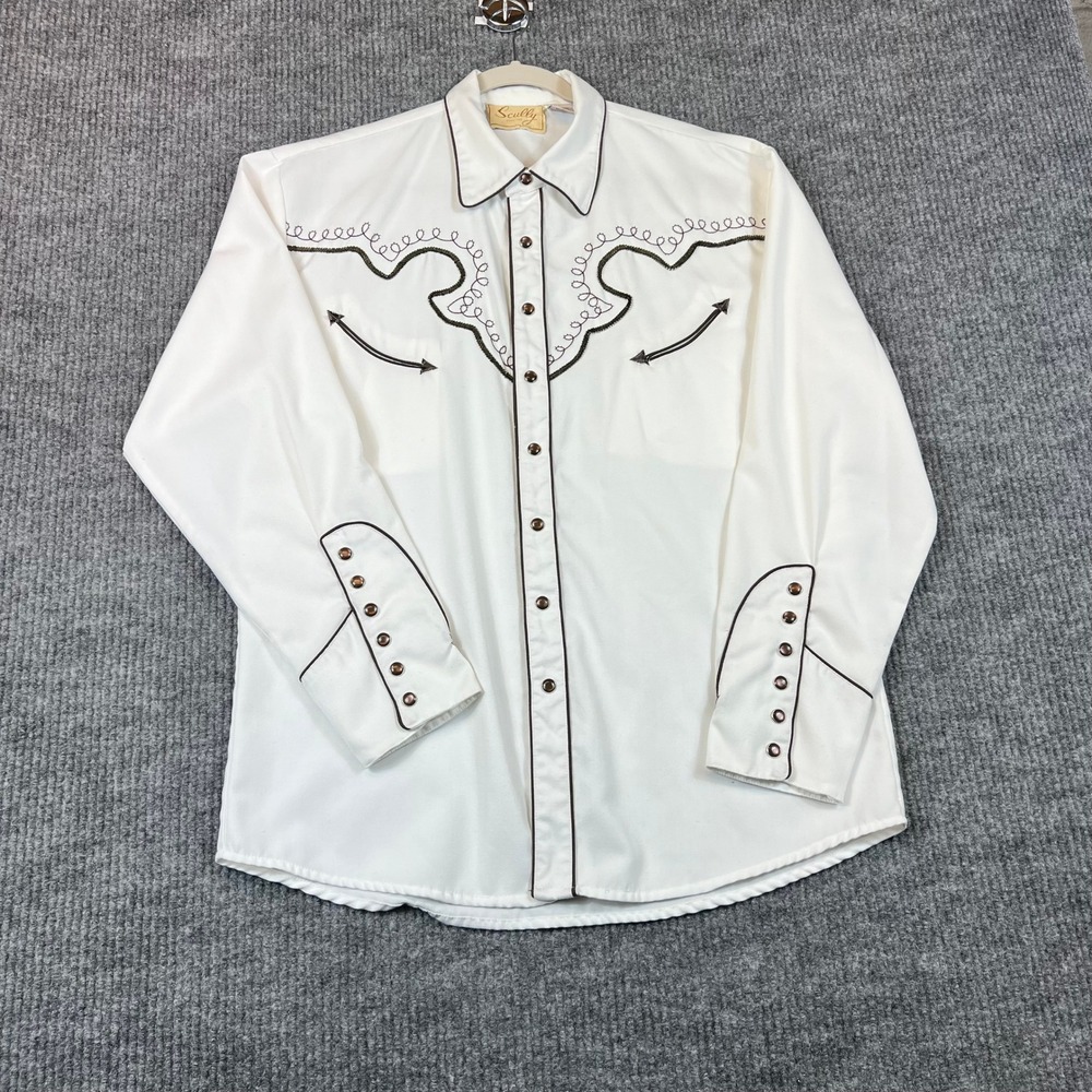 Scully Western Shirt Polyester Rayon P-666 White Brown Embroidered Cowboy Core M